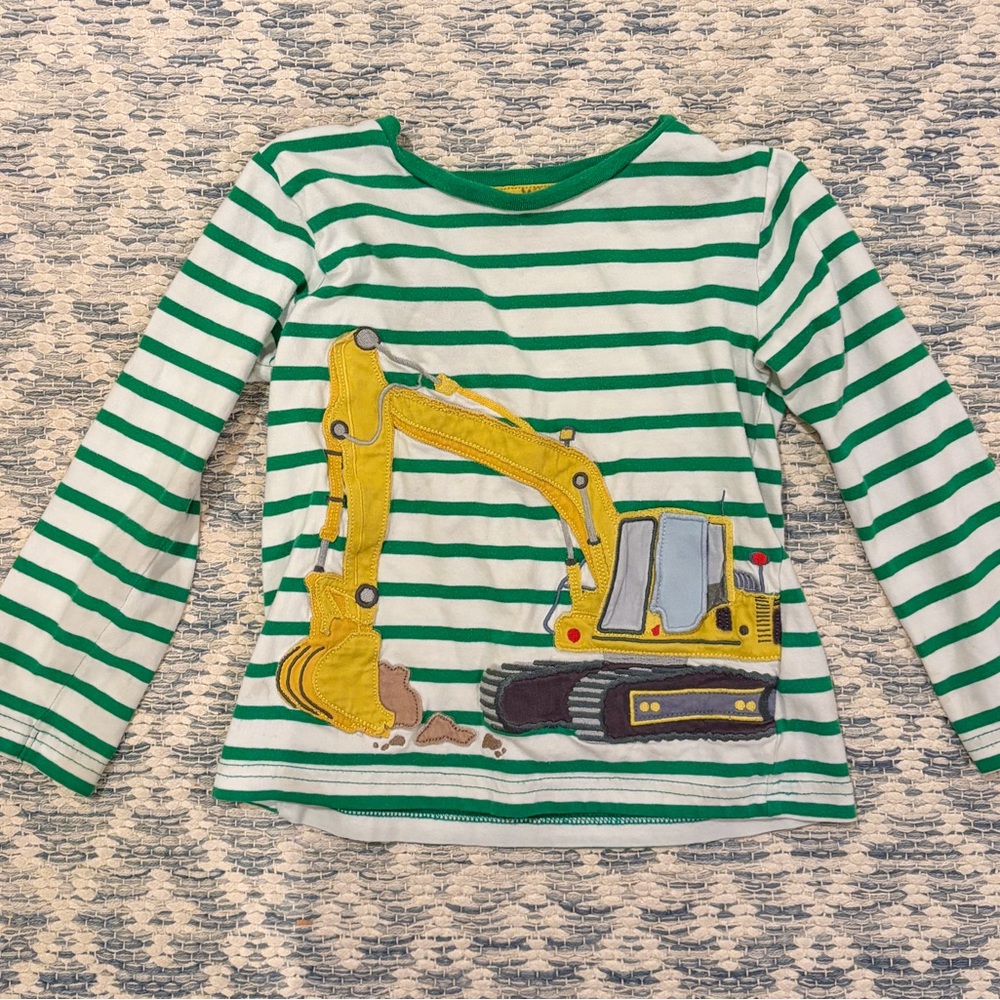 Mini Boden Excavator Construction Appliqué Green Stripe Long Sleeve Shirt